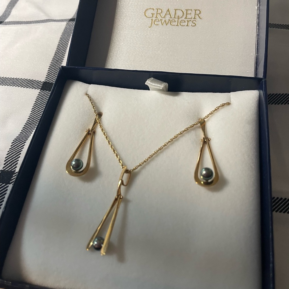Black Tahitian Pearl Gold Necklace Pendant& Dangle Earring Set for Women Dangle